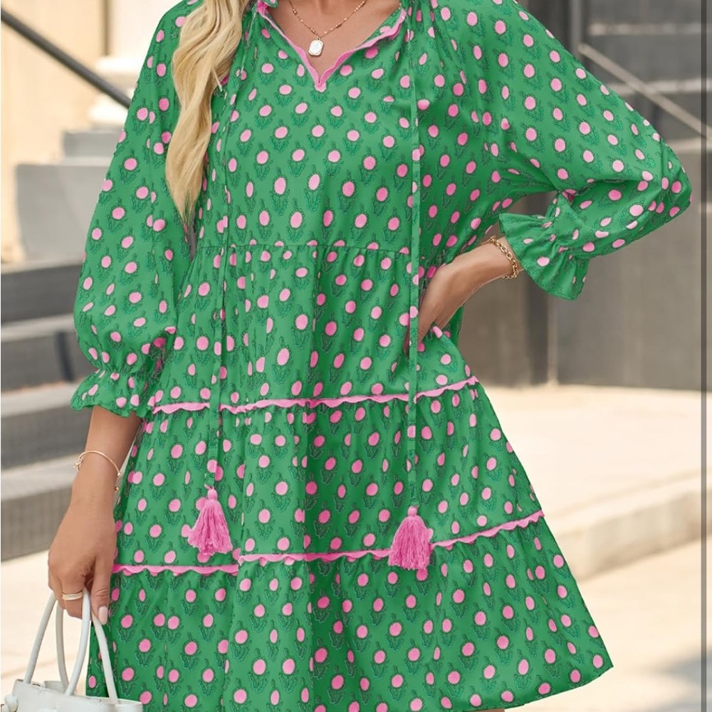NWT Wenrine Green and Pink floral block print Dress Small Boho